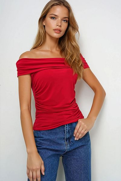 VAGGON Women's Red Madonna Collar Side Draped Sleeveless Sandy Blouse Prmx13492