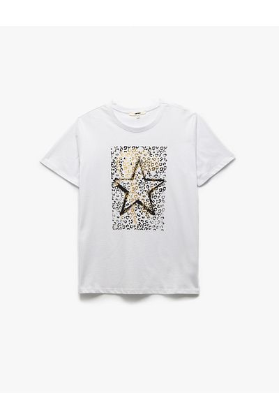 Koton Tricou alb din bumbac cu mânecă scurtă cu imprimeu leopard 5sak50094ek