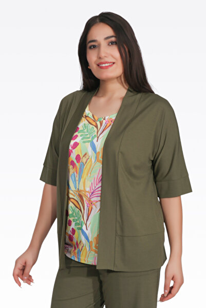 TOLGA SARAÇOĞLU 10960 Khaki Relaxed Cut Knitted Cardigan