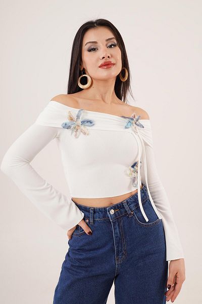 Hipo Trend Off-Shoulder White Blouse with Floral Detail