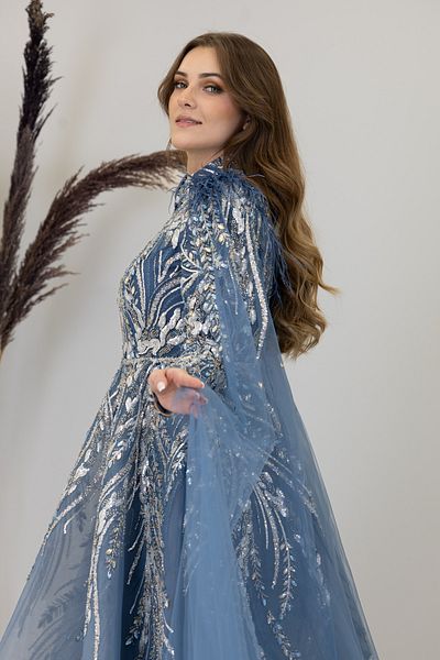 PİENNAR Kayra Evening Dress with Applique Embroidered Cape on the Front