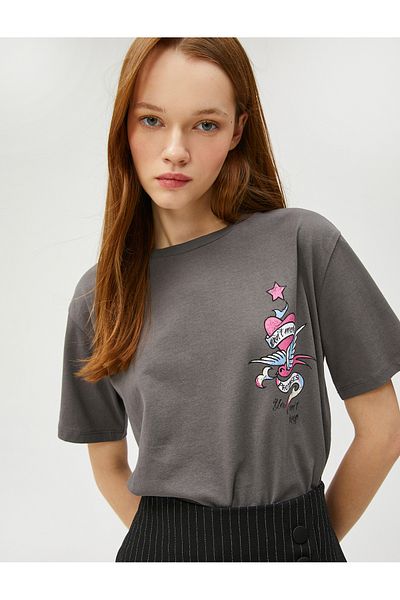Koton Printed Oversize T-Shirt Crew Neck Short Sleeve Cotton