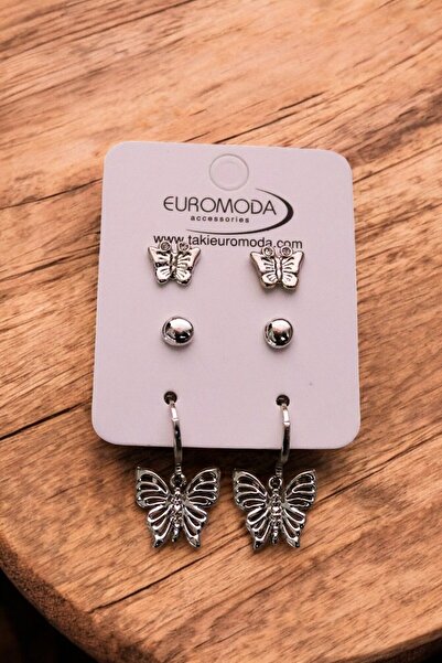 EUROMODA Silver Color Coated 3-Piece Earring Set with Butterfly Design Ball Earrings
