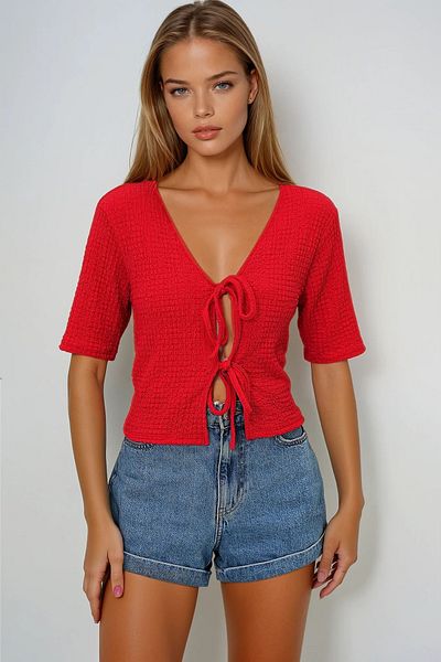 VAGGON Women's Red Front Tie Short Sleeve Seersucker Summer Blouse Prmx13580