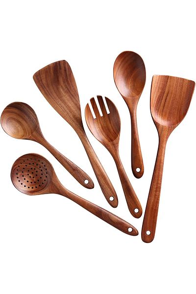 COOYA Kitchen Utensil Set, Wooden Non Stick, Spoons Spatulas and Salad Forks Set (Brown)