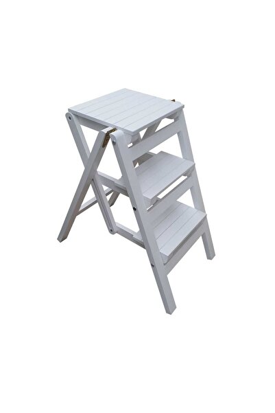 ABAŞ AHŞAP Ahşap Merdiven Tabure Katlanır (3 BASAMAKLI BEYAZ)
