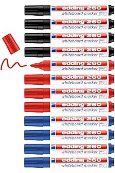 Mu Art Edding 260 White Blackboard Marker - Black, Red, Blue - Set of 12 - Round Tip 1.5-3 mm