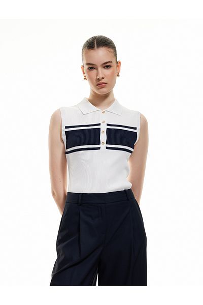 Koton Color Blocked Button Detailed Sleeveless Polo Neck Knitwear Top