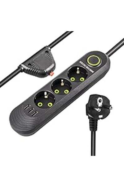 STOREMAX Techmore Surge Protected Group Socket, 3 Socket, 1.5 Meter Cable, 3 USB 3000W, 16 Ampere, Cable Top