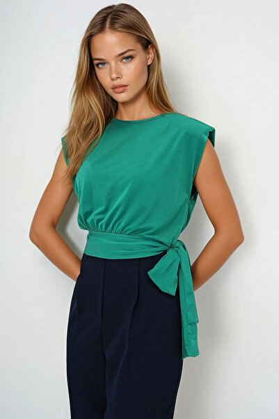 VAGGON Γυναικεία πράσινη λαιμόκοψη με λαιμόκοψη με λεπτομέρεια με κορδόνι στη μέση Prmx13493