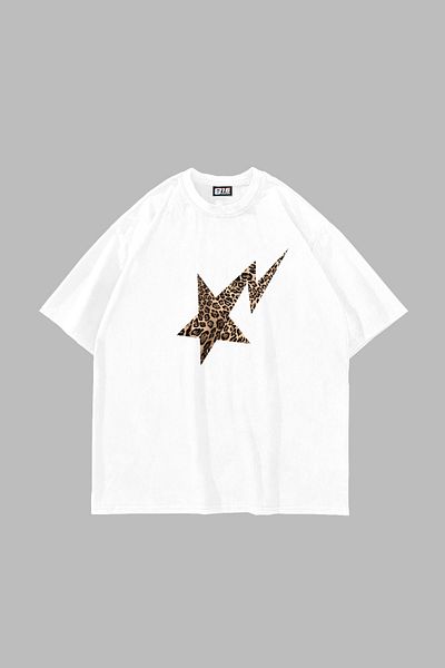 Sekizbiraltı Unisex Premium Λευκό T-Shirt - Leopard Falling Star Printed, Oversize
