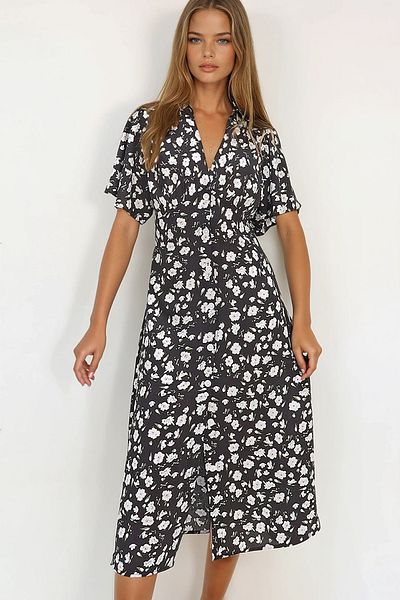 VAGGON Γυναικείο φόρεμα με μαύρη λαιμόκοψη V με κουμπιά με μικρομοτίβο υφαντό βισκόζη Prmx13740