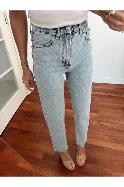 Maldia Shop Women's Stone Detail High Waist Light Blue Mom Jean 1414