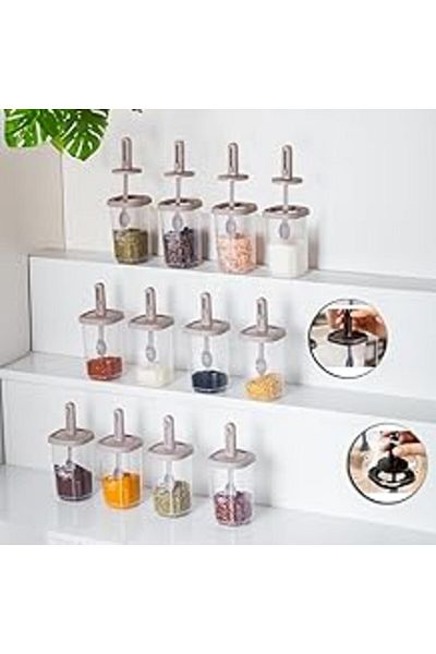 Mu Art Porsima 1100 Sliding Spoon, Leakproof Lid, Labeled Set of 12 Spice Jars, Storage Container Transparent