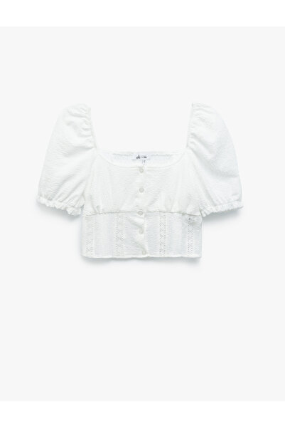 Koton Gimped Poplin Balloon Sleeve Lace Detailed Crop Blouse