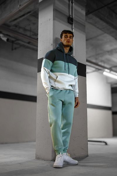 Pobudo Oversize Water Green Color Smoked Stripe Hooded Tracksuit Set