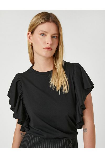 Koton Flounced Sleeves T-Shirt Crew Neck Cotton