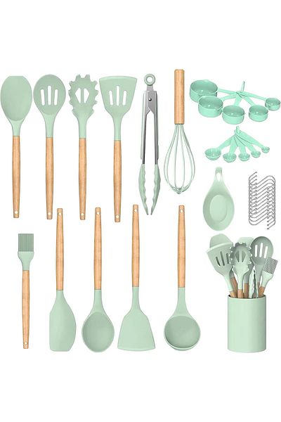 COOYA Kitchen Utensils Set, 35 Piece, Food Grade, Heat Resistant Nonstick, Wooden Handle Silicone (Green)