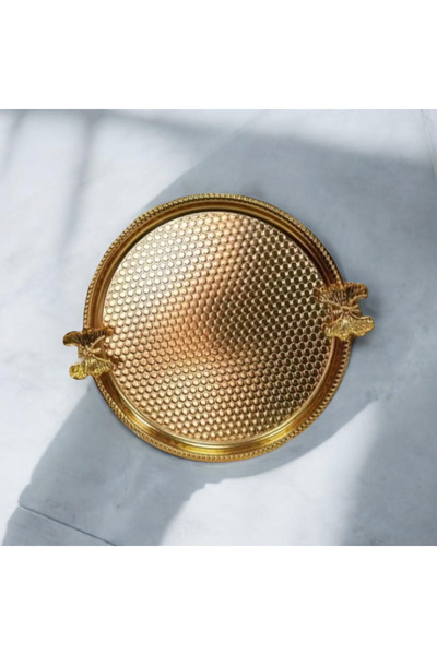 Diperla Round Gold Tray Honeycomb Patterned Butterfly Detailed Gold Color Stainless Steel Presentation Tray