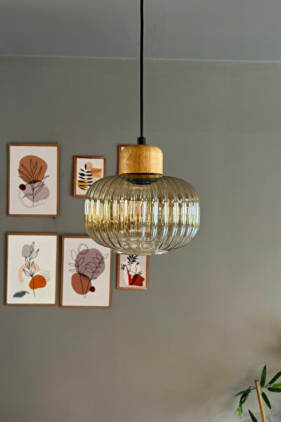 Bamyum Mola Cam Bal Rengi Tekli Avize Geniş Ahşap Başlık Retro Sarkıt Lamba Restoran Salon Aydınlatma