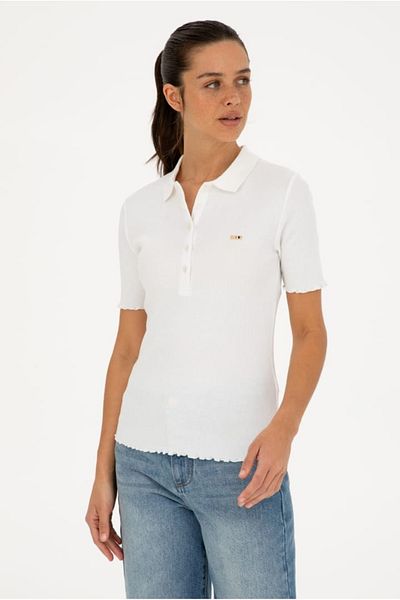U.S. Polo Assn. Tricou alb de bază cu gât polo pentru femei
