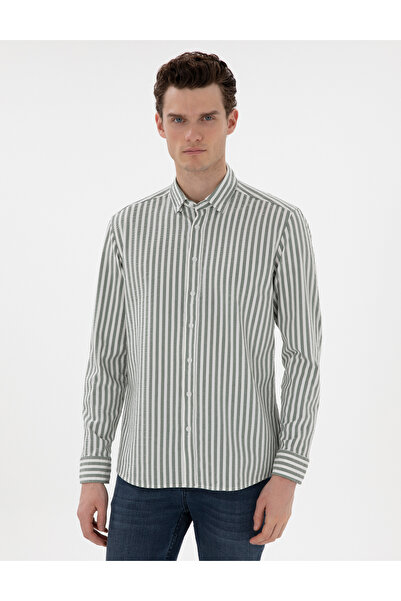 Pierre Cardin Haki Regular Fit Çizgili Uzun Kollu Gömlek 50301533-VR027