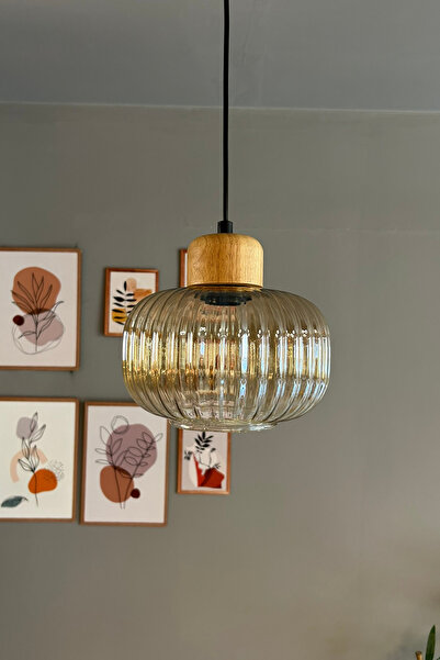 Bamyum Mola Cam Bal Rengi Tekli Avize Geniş Ahşap Başlık Retro Sarkıt Lamba Restoran Salon Aydınlatma