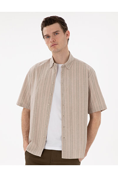 Pierre Cardin Haki Keten Karışımlı Oversize Rahat Kesim Kısa Kollu Gömlek 503...