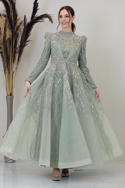PİENNAR Applique Embroidered Leaf Evening Dress