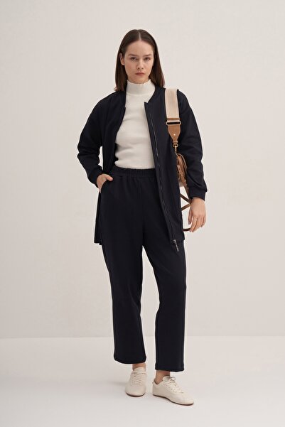 EBU Prive Women's Steel Knitted Straight Cut Trousers Navy Blue