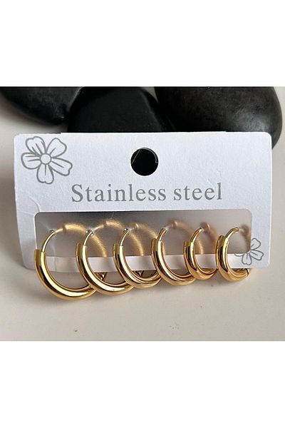 juleeco Gold Steel Earrings 6 Pieces 3 Sizes - 1cm, 1.5cm, 2cm