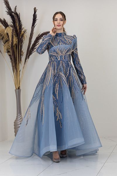 PİENNAR Draped Yaren Evening Dress with Stones on the Front