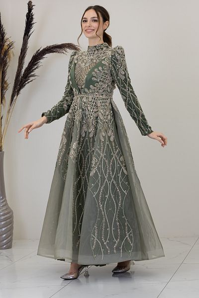 PİENNAR Applique Embroidered Leaf Evening Dress