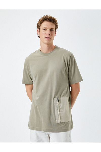 Koton Crew Neck T-Shirt Zippered Pocket Detailed Short Sleeve