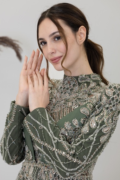 PİENNAR Applique Embroidered Leaf Evening Dress