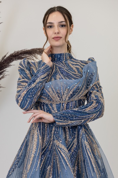 PİENNAR Draped Yaren Evening Dress with Stones on the Front