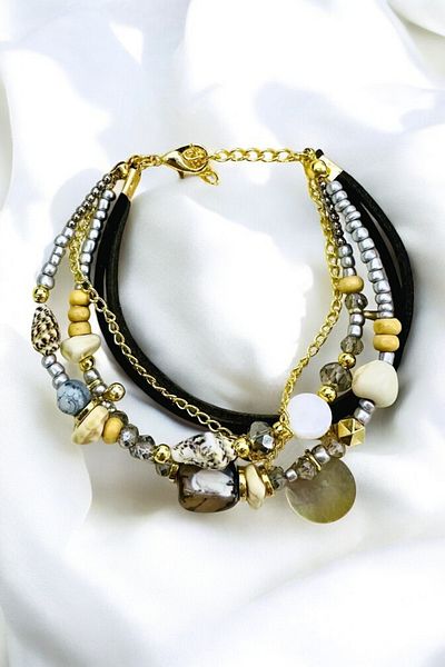 PETEK AKSESUAR ETHNIC BOHEM MULTIPLE BRACELET NATURAL STONE GRAY