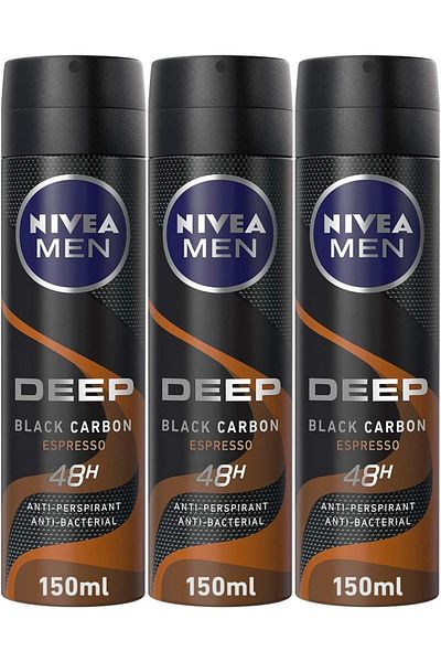 NIVEA بخاخ مزيل العرق للرجال من دييب بلاك كاربون مضاد للبكتيريا برائحة الإسبريسو 150 مل × 3