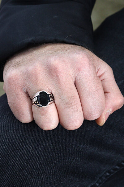 Midyat Nurtaş Gümüş Siyah Mineli Oval Model 925 Ayar Gümüş Erkek Yüzük 201023870