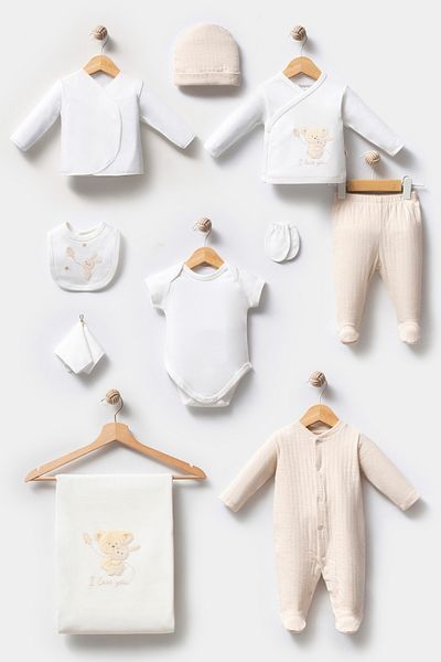 Bebitof 10 Piece Boxed Newborn Hospital Discharge Bodysuit Set with Hugging Teddy Bear Pattern