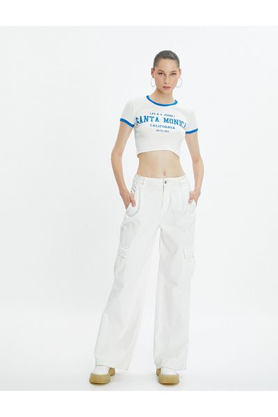 Koton Cotton Crop College T-Shirt - Κοντό μανίκι, Crew Neck, Piping
