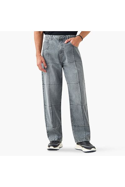 Lee Cooper Skater Fit Textured Jeans with Button Closure and Pockets