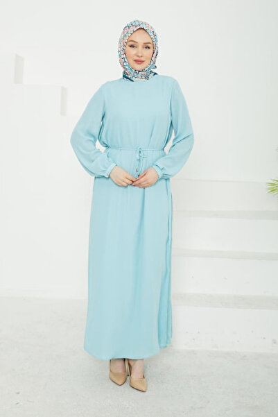 Armine Yırtmaç Detaylı Belden Bağcıklı Şifon Elbise - Su Yeşili