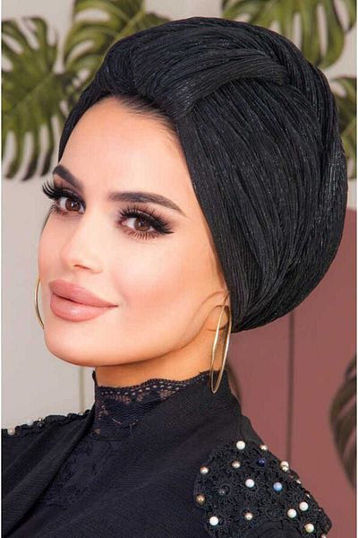 Aişe tesettür Black Pleated Wrapped Shawl Bonnet - 40800