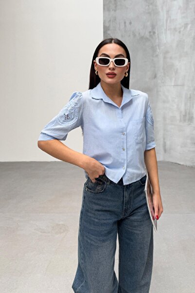 RB CLUB Cămașă de in brodat cu mânecă albastră