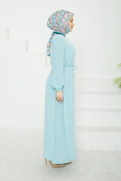 Armine Yırtmaç Detaylı Belden Bağcıklı Şifon Elbise - Su Yeşili