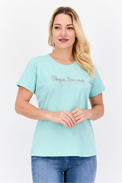 Pepe Jeans تي شيرت نسائي بأكمام قصيرة ورقبة دائرية وطبعة جرافيكية، أخضر