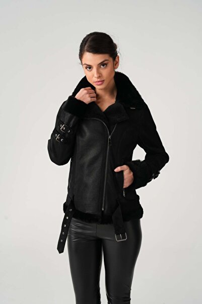 AS KÜRK DERİ Kadın Siyah Biker Napa Hakiki Deri Mont