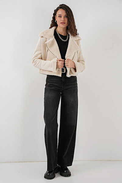 Bigdart 5155 Double-breasted Collar Faux Fur Leather Jacket - White