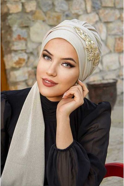 Aişe tesettür إكرو الذهب المطرزة وشاح مساء اللباس بونيه